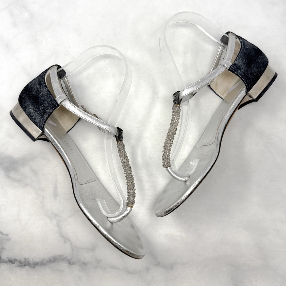 CHANEL Vintage Y2K CC Coco Mark Leather Flat Mirror Heel Sandal Shoes Metallic - Picture 7 of 14